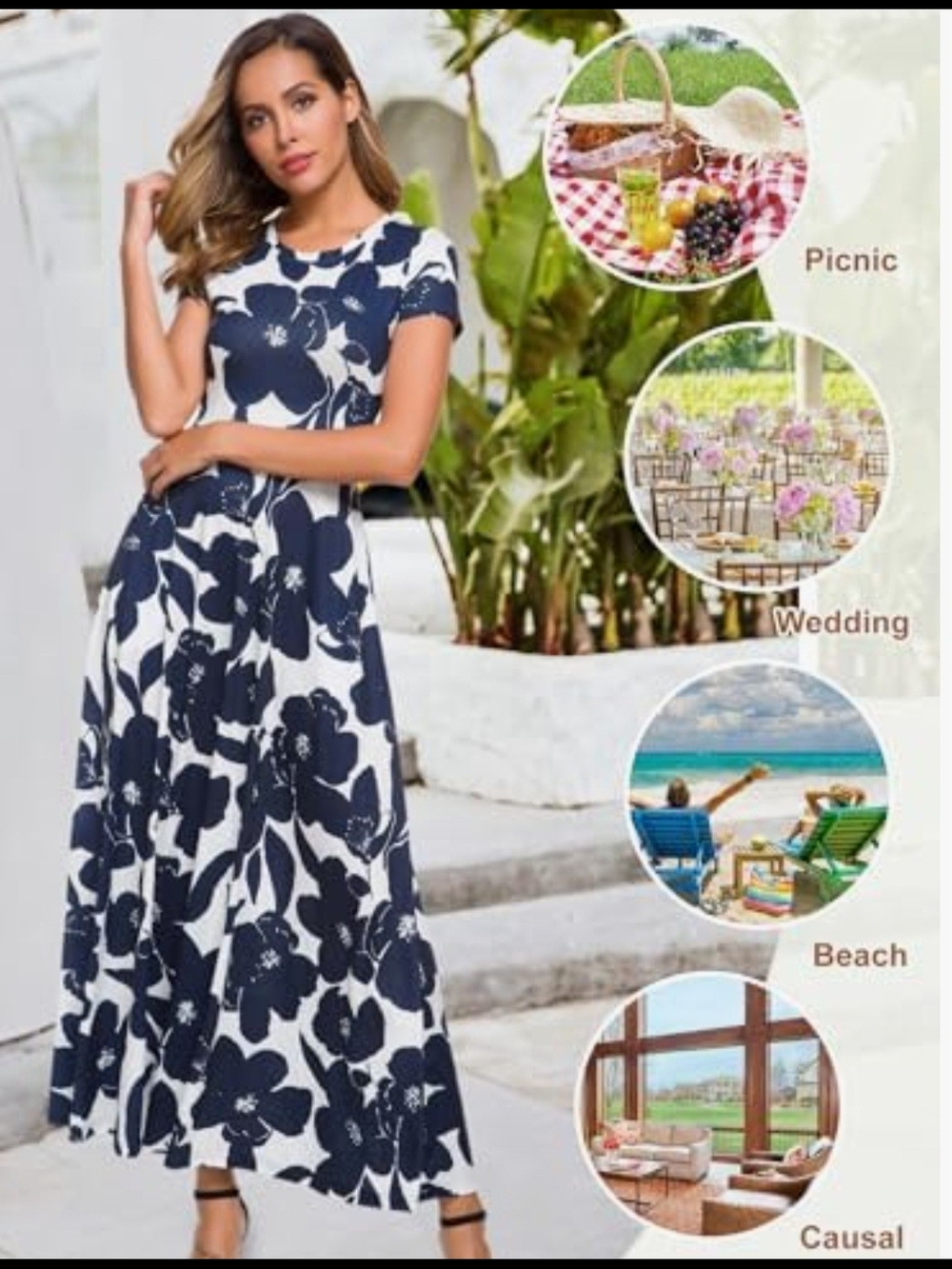 Women’s Navy Floral Maxi Dress - Elegant Summer Fit - Picture 5 of 7
